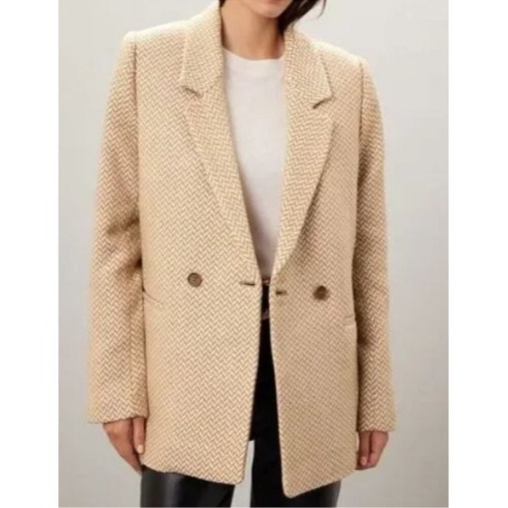 Anine Bing Quinn Tan Herringbone Double Breasted Blazer - Small